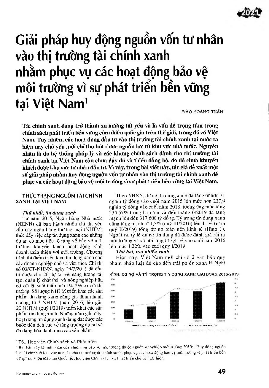 Giải pháp huy động nguồn vốn tư nhân vào thị trường tài chính xanh nhằm phục vụ các hoạt động bảo vệ môi trường vì sự phát triển bền vững tại Việt Nam