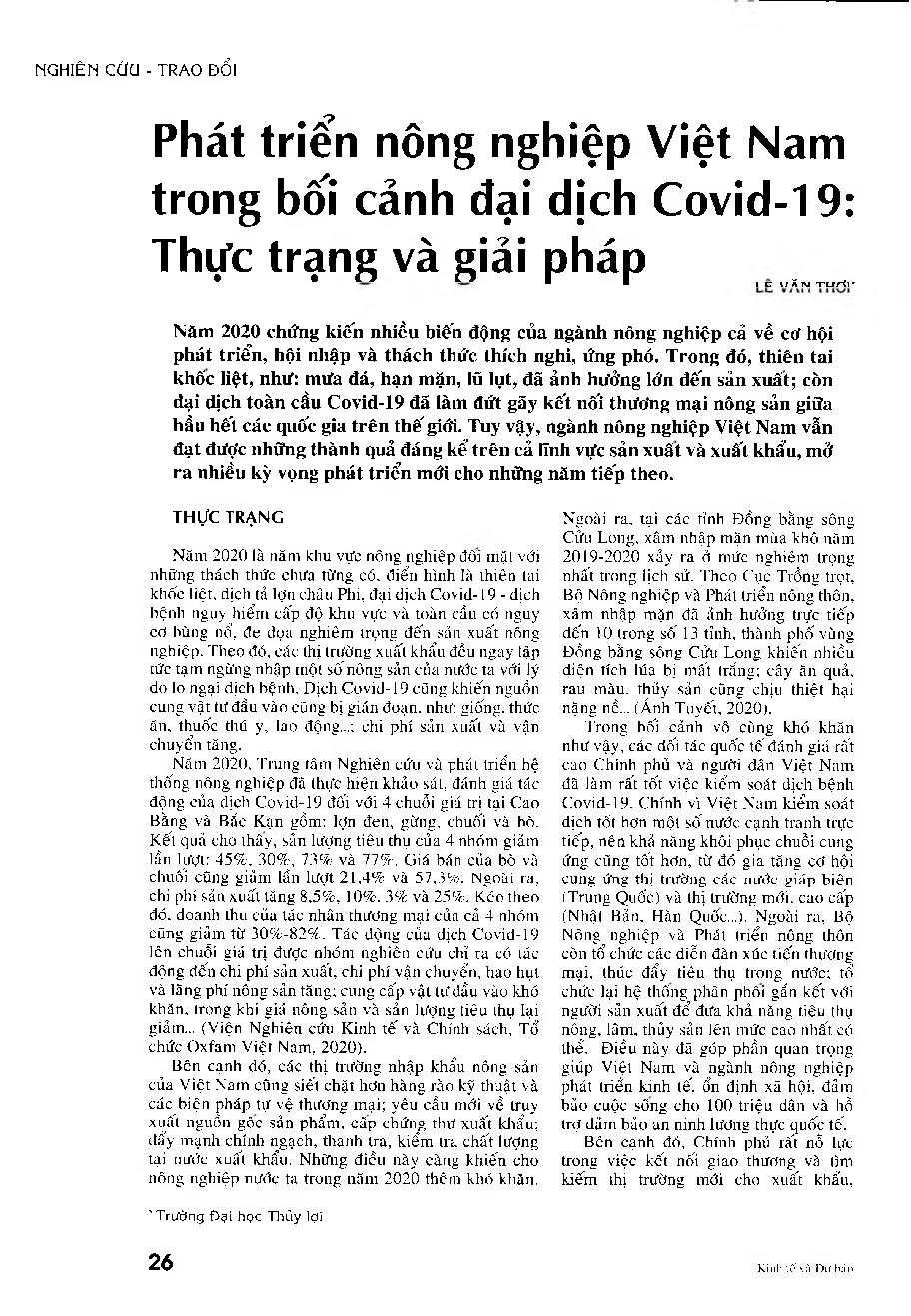 Phát triển nông nghiệp Việt Nam trong bối cảnh đại dịch Covid-19: Thực trạng và giải pháp