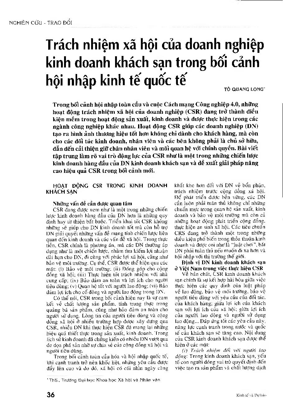 Trách nhiệm xã hội của doanh nghiệp kinh doanh khách sạn trong bối cảnh hội nhập kinh tế quốc tế