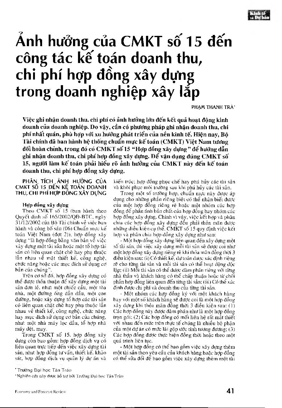 Ảnh hưởng của chuẩn mực kế toán số 15 đến công tác kế toán doanh thu, chi phí hợp đồng xây dựng trong doanh nghiệp xây lắp