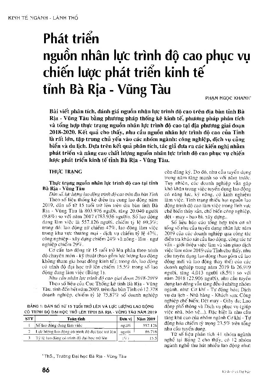 Phát triển nguồn nhân lực trình độ cao phục vụ chiến lược phát triển kinh tế tỉnh Bà Rịa - Vũng Tàu