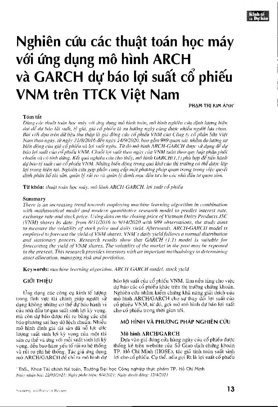 Nghiên cứu các thuật toán học máy với ứng dụng mô hình ARCH và GARCH dự báo lợi suất cổ phiếu VNM trên TTCK Việt Nam