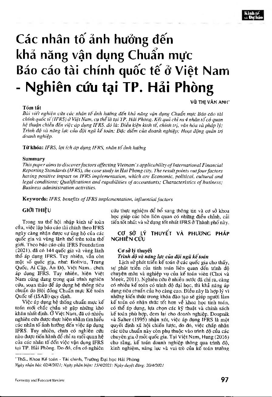 Các nhân tố ảnh hưởng đến khả năng vận dụng Chuẩn mực Báo cáo tài chính quốc tế ở Việt Nam - Nghiên cứu tại Tp. Hải Phòng