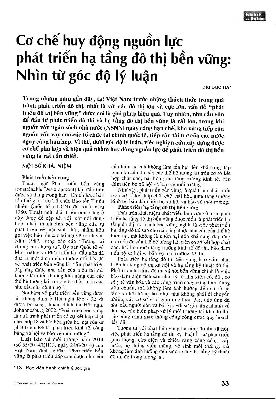 Cơ chế huy động nguồn lực phát triển hạ tầng đô thị bền vững: Nhìn từ góc độ lý luận