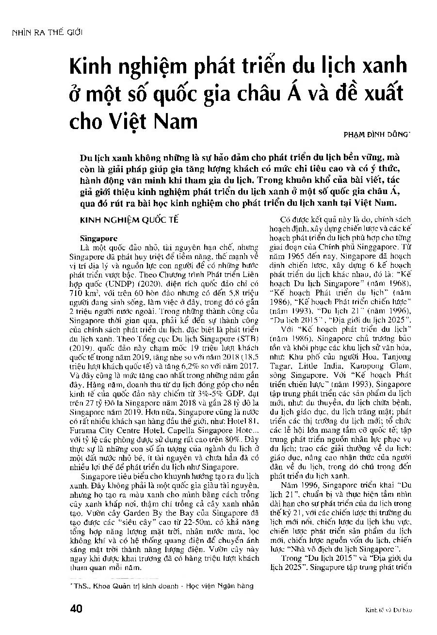 Kinh nghiệm phát triển du lịch xanh ở một số quốc gia châu Á và đề xuất cho Việt Nam