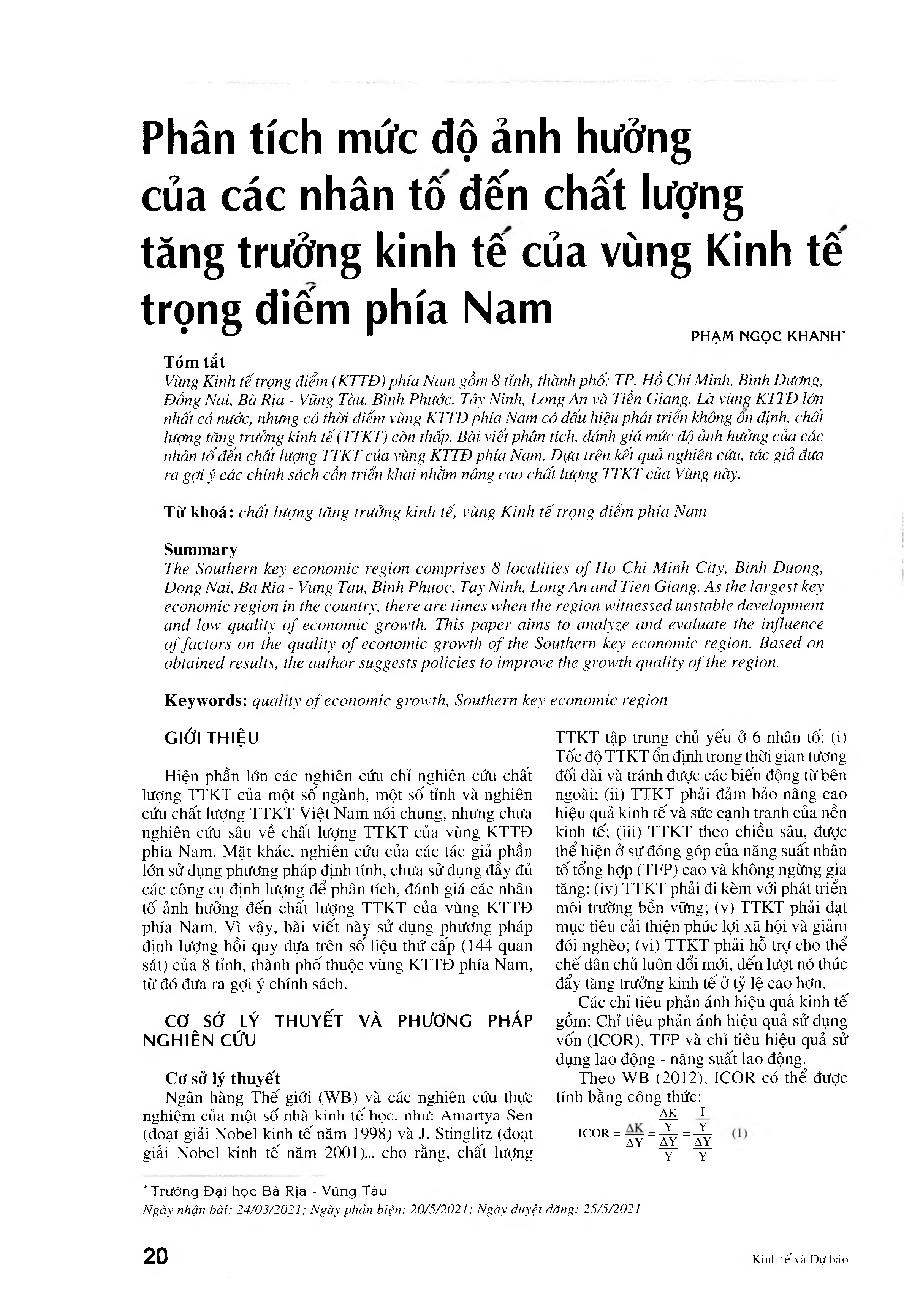 Phân tích mức độ ảnh hưởng của các nhân tố đến chất lượng tăng trưởng kinh tế của vùng Kinh tế trọng điểm phía Nam