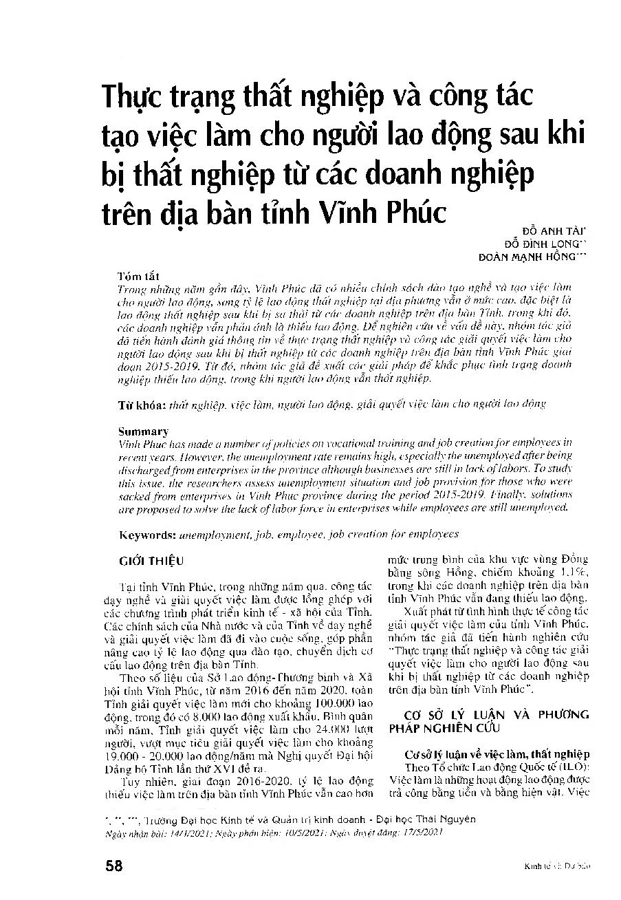 Thực trạng thất nghiệp và công tác tạo việc làm cho người lao động sau khi bị thất nghiệp từ các doanh nghiệp trên địa bàn tỉnh Vĩnh Phúc