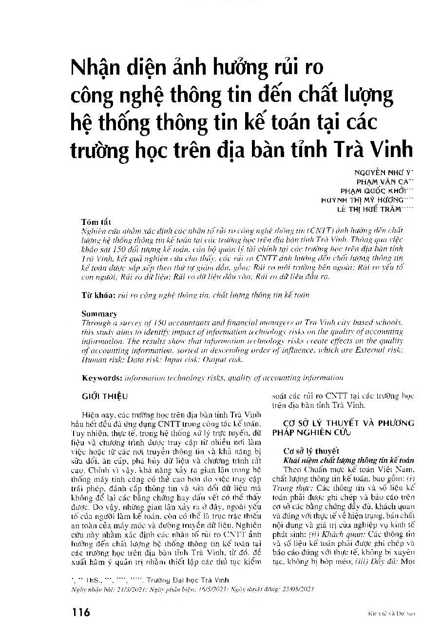 Nhận diện ảnh hưởng rủi ro công nghệ thông tin đến chất lượng hệ thống thông tin kế toán tại các trường học trên địa bàn tỉnh Trà Vinh