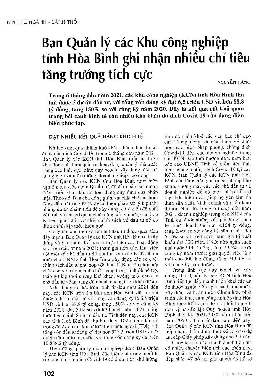 Ban Quản lý các Khu công nghiệp tỉnh Hòa Bình ghi nhận nhiều chỉ tiêu tăng trưởng tích cực