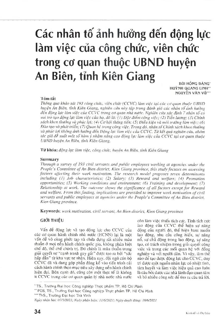 Các nhân tố ảnh hưởng đến động lực làm việc của công chức, viên chức trong cơ quan thuộc UBND huyện An Biên, tỉnh Kiên Giang