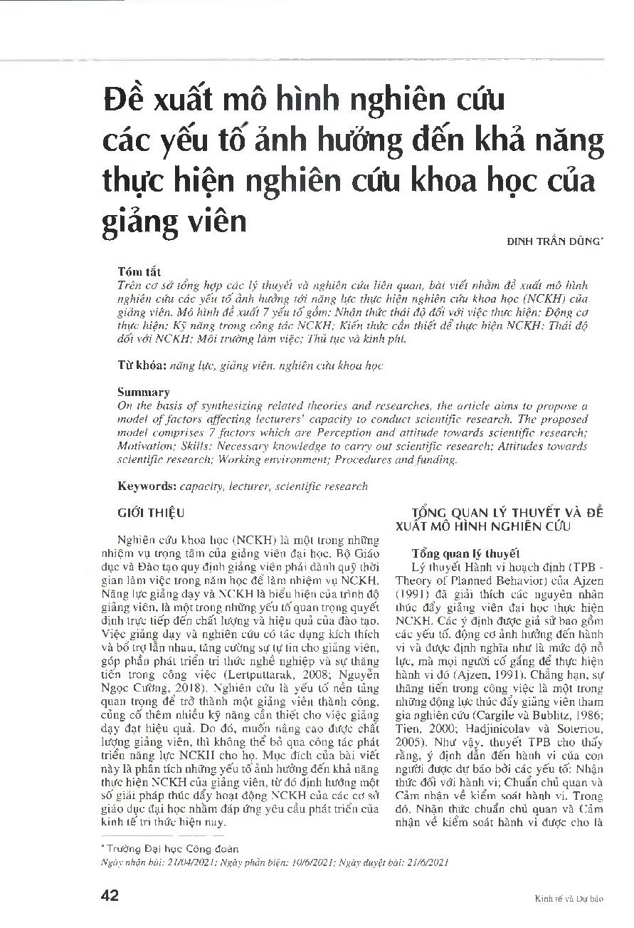 Đề xuất mô hình nghiên cứu các yếu tố ảnh hưởng đến khả năng thực hiện nghiên cứu khoa học của giảng viên