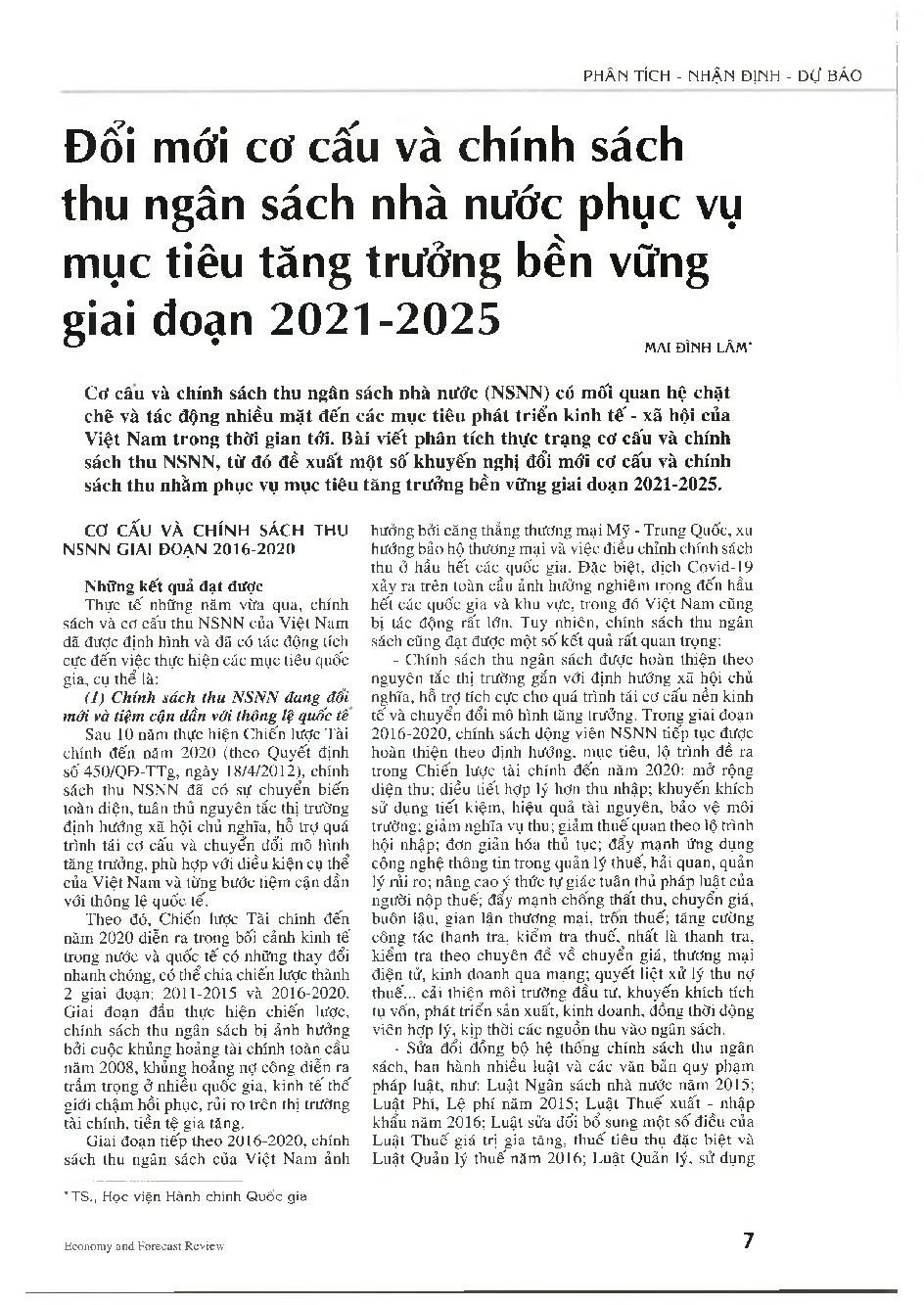 Đổi mới cơ cấu và chính sách thu ngân sách nhà nước phục vụ mục tiêu tăng trưởng bền vững giai đoạn 2021-2025