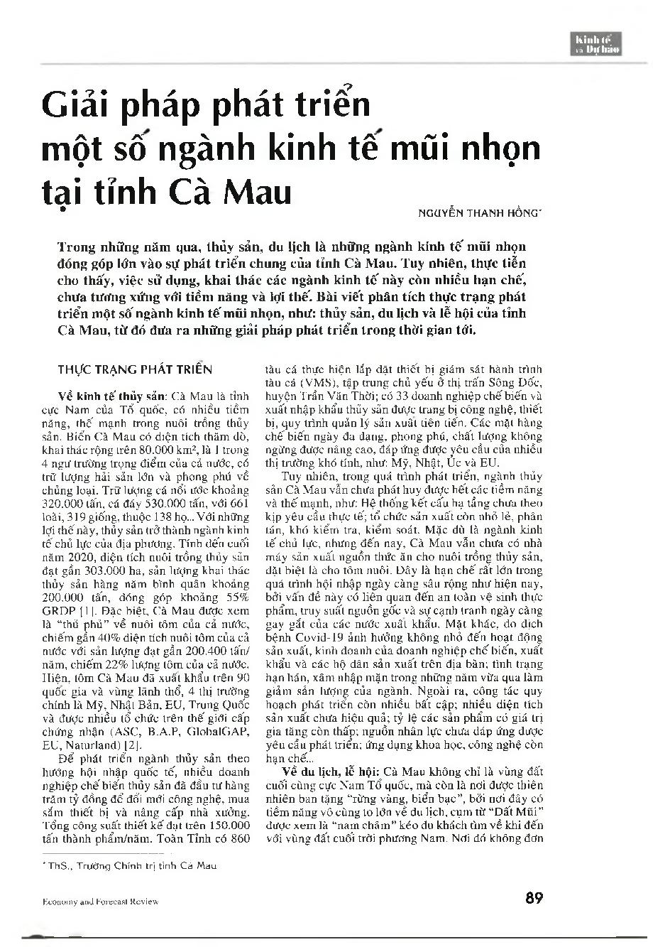Giải pháp phát triển một số ngành kinh tế mũi nhọn tại tỉnh Cà Mau