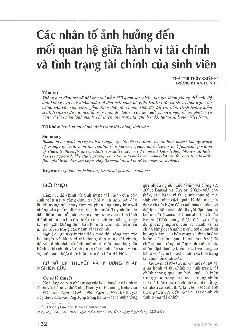 Các nhân tố ảnh hưởng đến mối quan hệ giữa hành vi tài chính và tình trạng tài chính của sinh viên