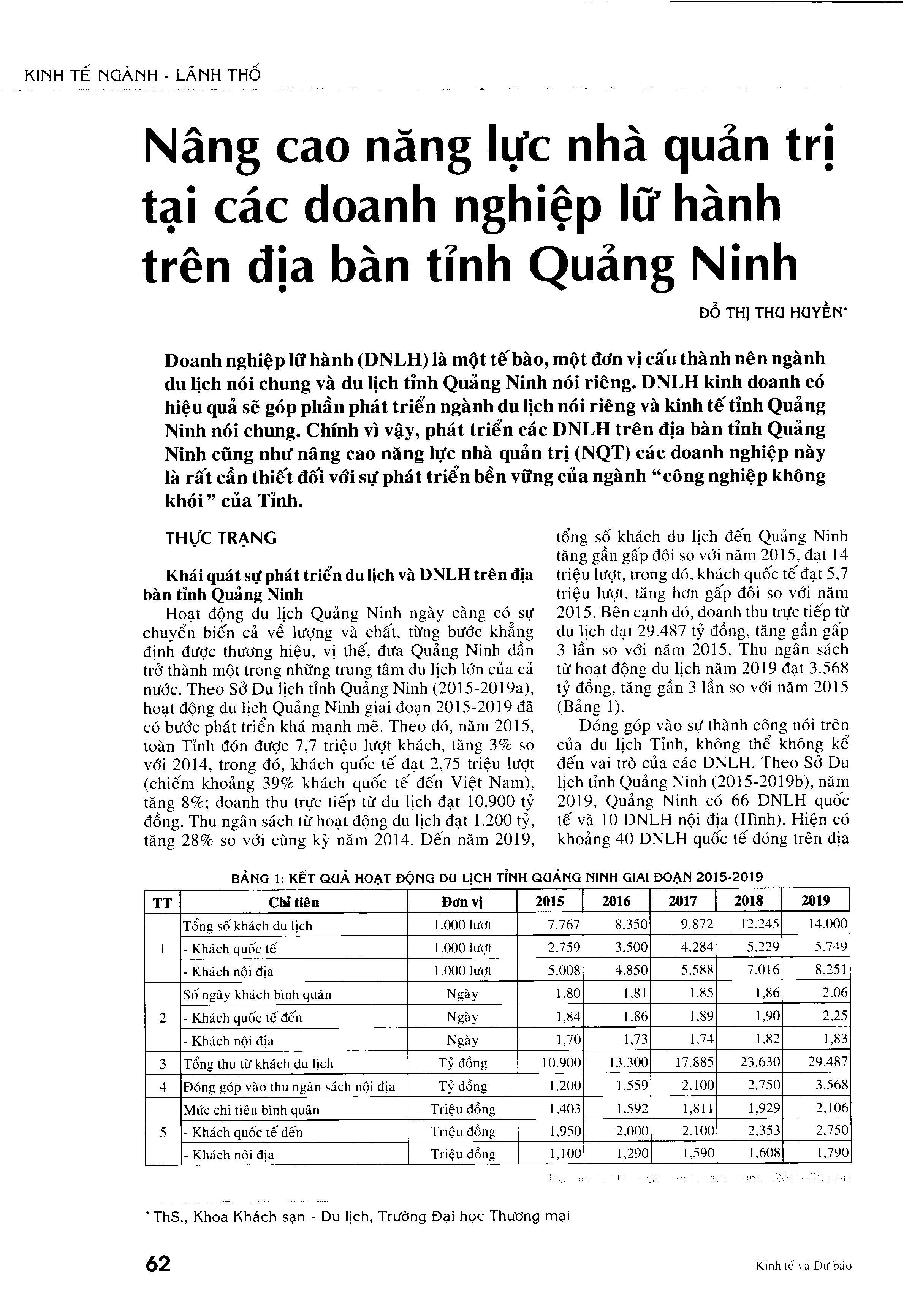 Nâng cao năng lực nhà quản trị tại các doanh nghiệp lữ hành trên địa bàn tỉnh Quảng Ninh
