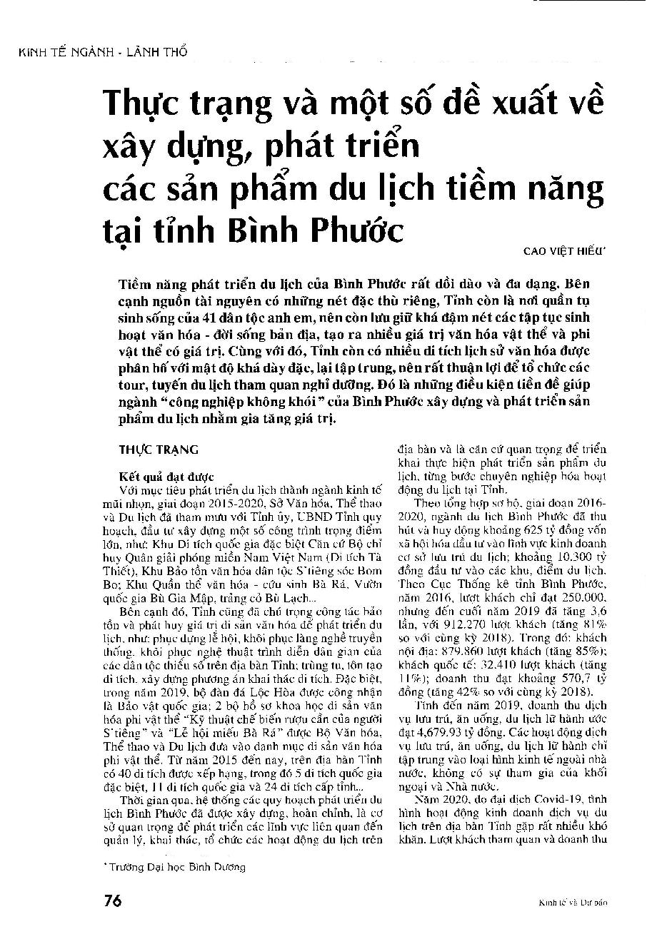 Thực trạng và một số đề xuất về xây dựng, phát triển các sản phẩm du lịch tiềm năng tại tỉnh Bình Phước