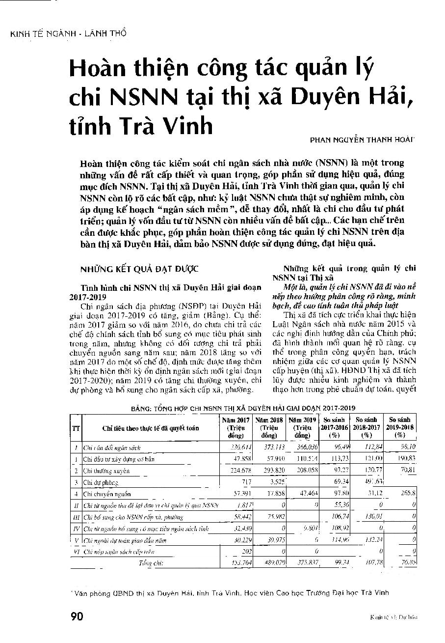 Hoàn thiện công tác quản lý chi NSNN tại thị xã Duyên Hải, tỉnh Trà Vinh
