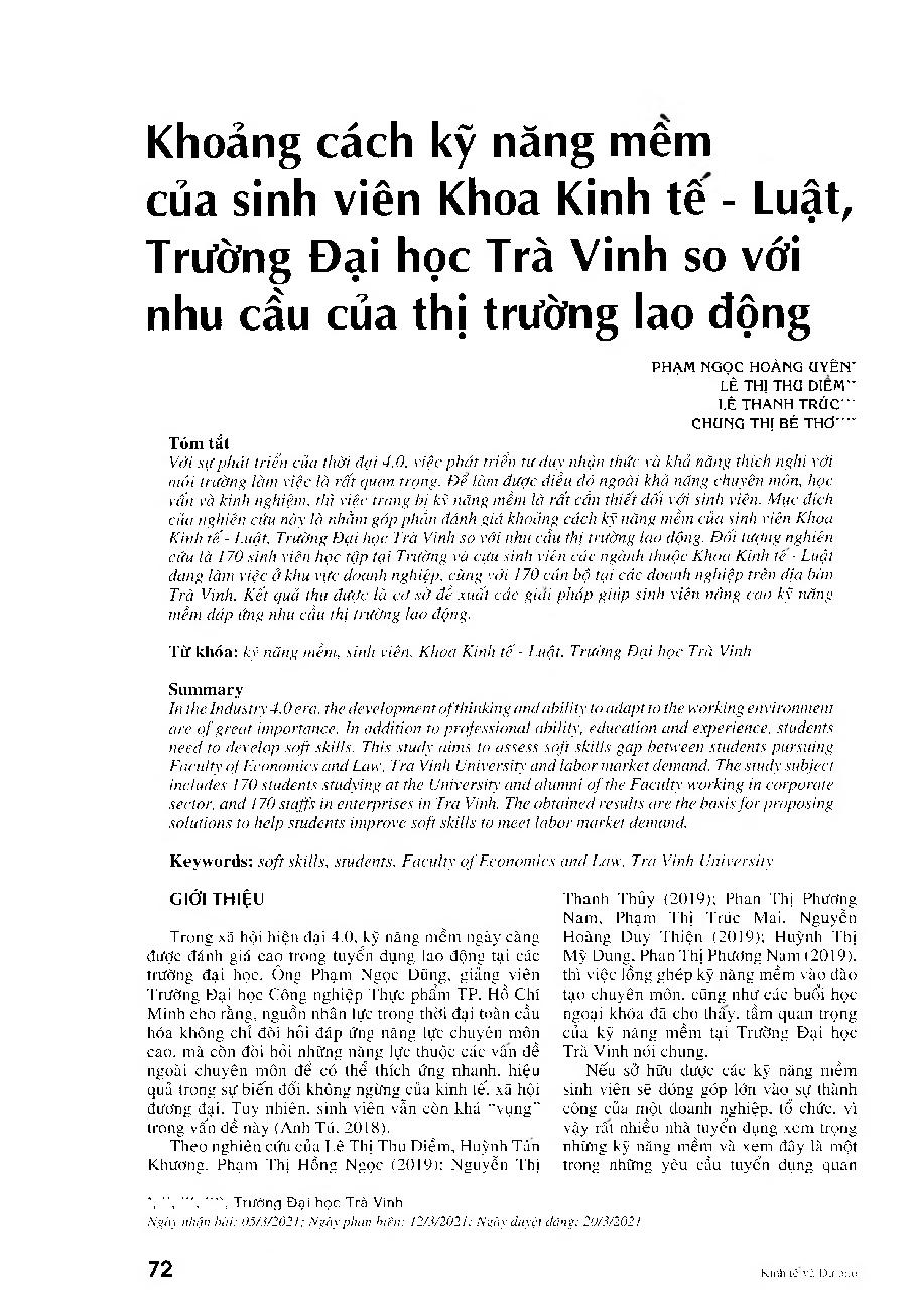 Khoảng cách kỹ năng mềm của sinh viên Khoa Kinh tế - Luật, Trường Đại học Trà Vinh so với nhu cầu của thị trường lao động