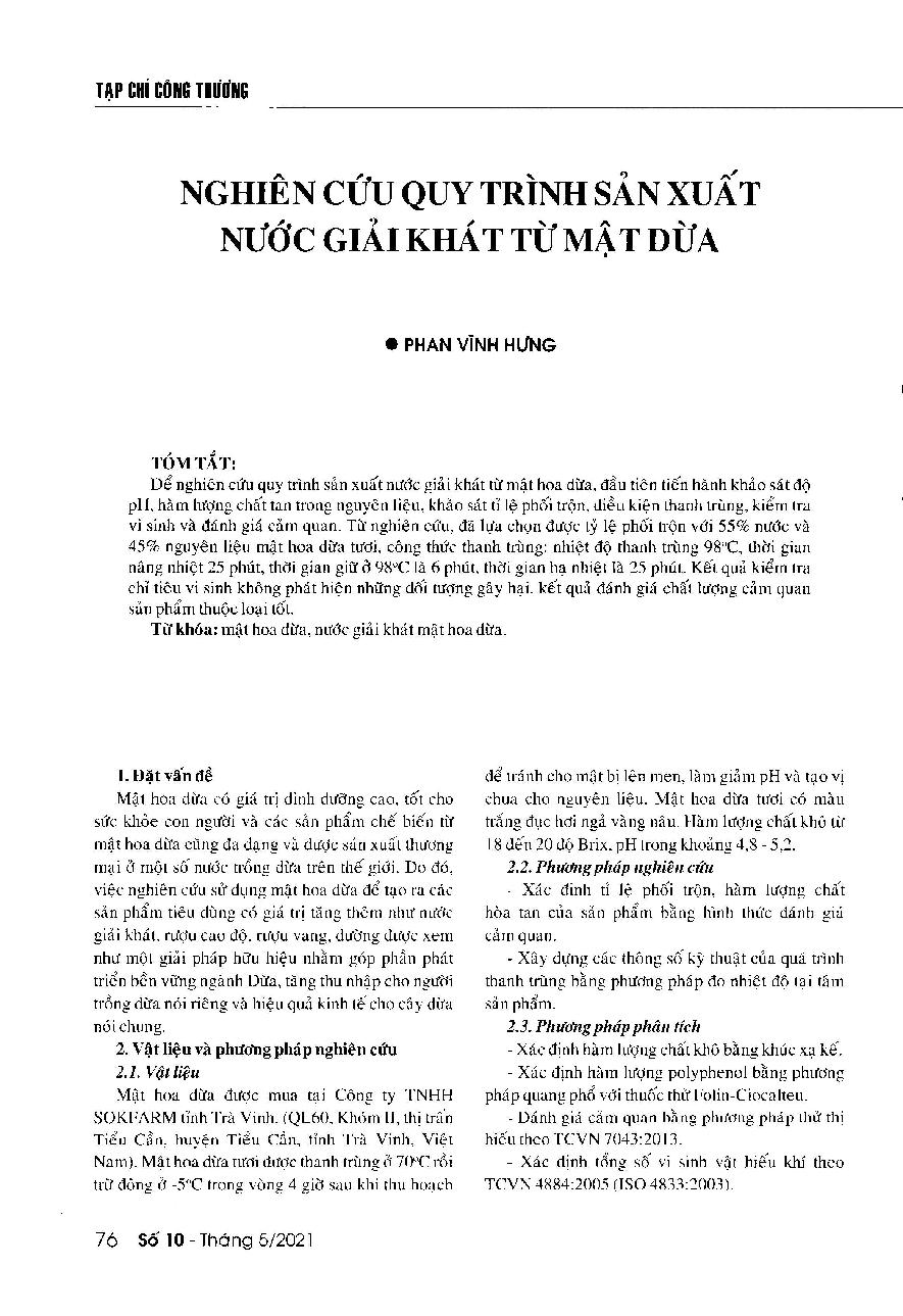 Nghiên cứu quy trình sản xuất nước giải khát từ mật dừa
