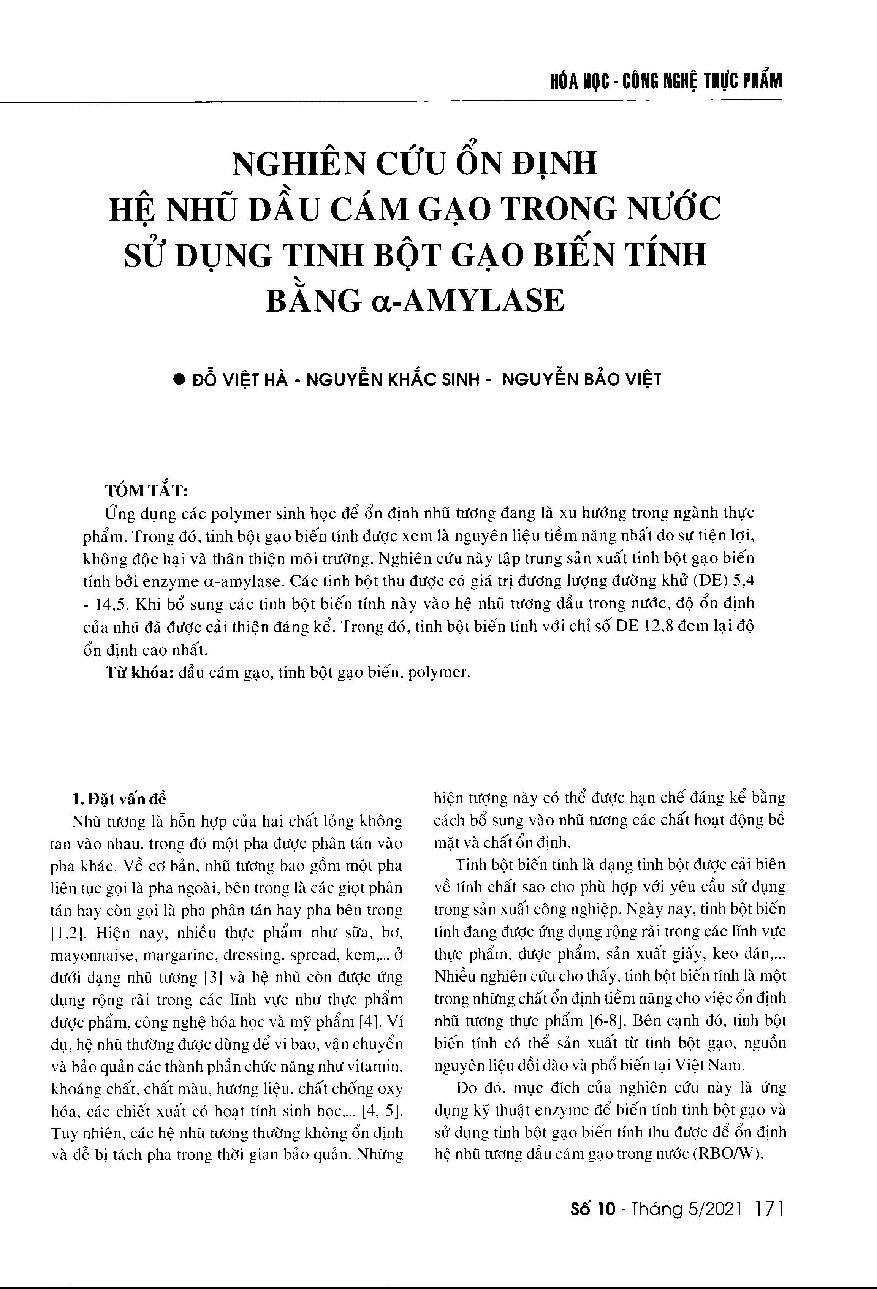 Nghiên cứu ổn định hệ nhũ dầu cám gạo trong nước sử dụng tinh bột gạo biến tính bằng α-amylase