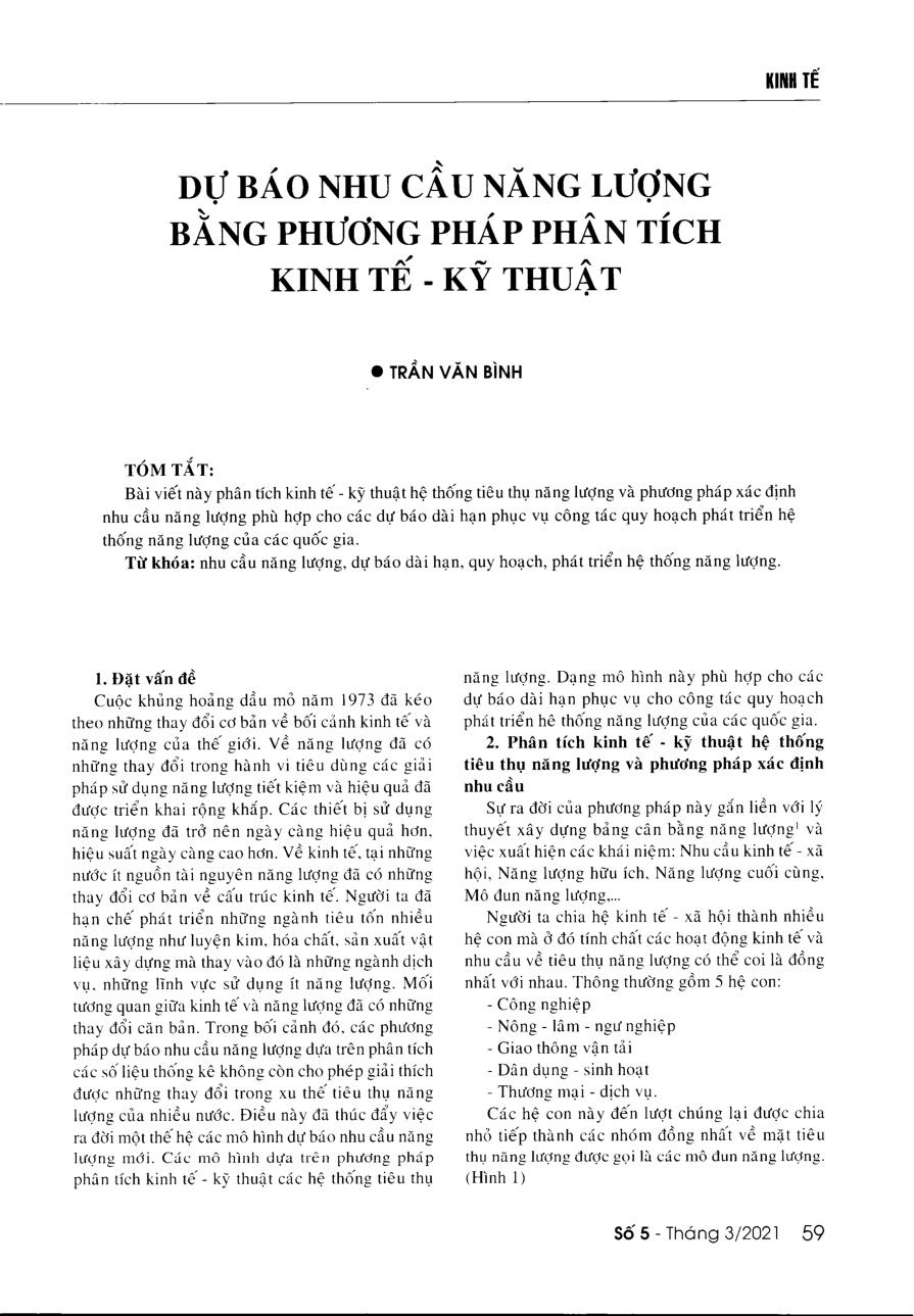 Dự báo nhu cầu năng lượng bằng phương pháp phân tích kinh tế - kỹ thuật