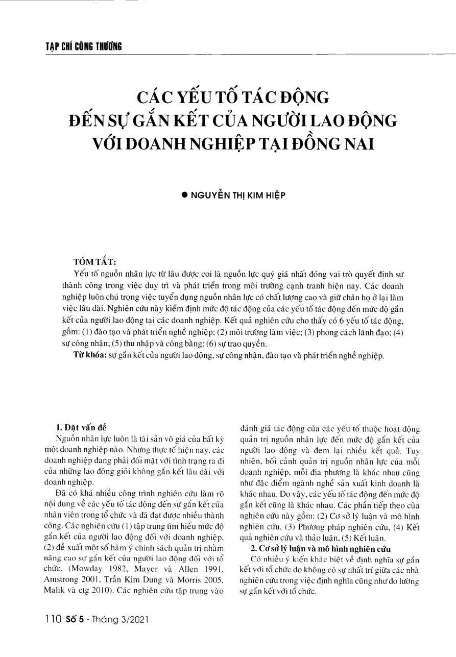 Các yếu tố tác động đến sự gắn kết của người lao động với doanh nghiệp tại Đồng Nai