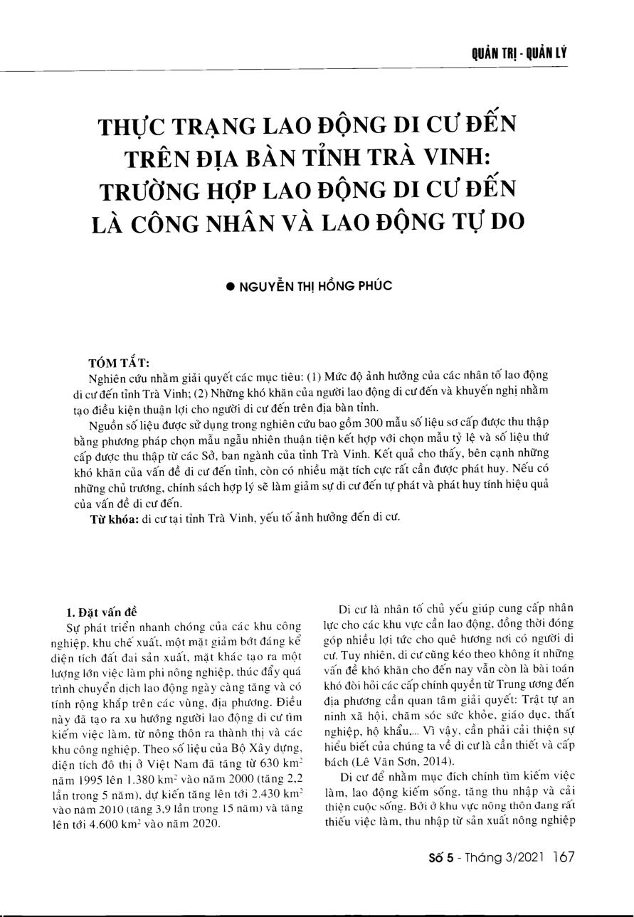 Thực trạng lao động di cư đến trên địa bàn tỉnh Trà Vinh: Trường hợp lao động di cư đến là công nhân và lao động tự do