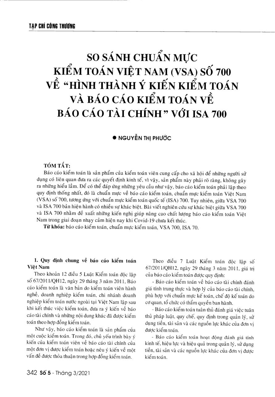 So sánh chuẩn mực kiểm toán Việt Nam (VSA) số 700 về "hình thành ý kiến kiểm toán và báo cáo kiểm toán về báo cáo tài chính" với ISA 700