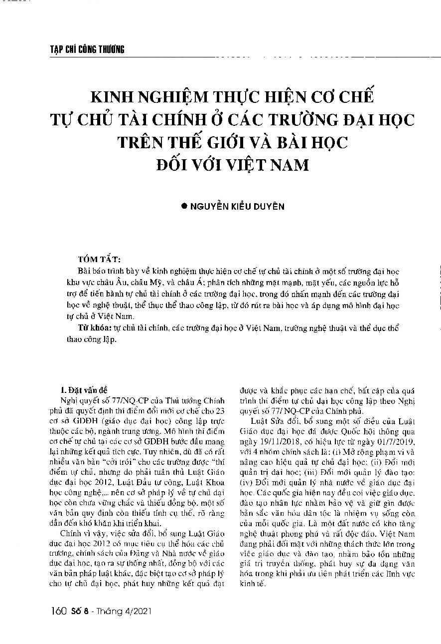 Kinh nghiệm thực hiện cơ chế tự chủ tài chính ở các trường đại học trên thế giới và bài học đối với Việt Nam