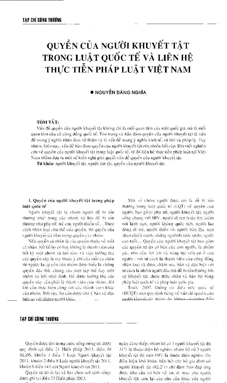 Quyền của người khuyết tật trong luật quốc tế và liên hệ thực tiễn pháp luật Việt Nam