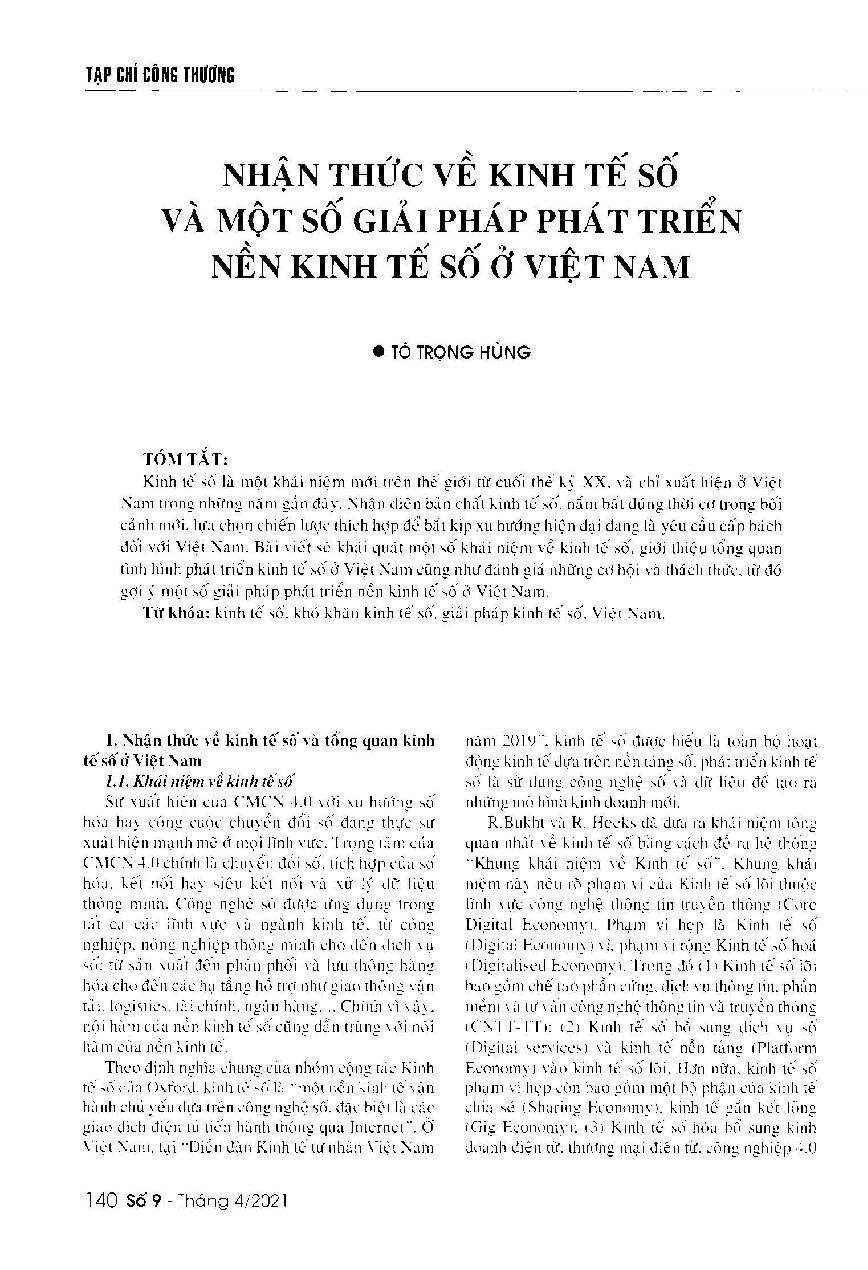 Nhận thức về kinh tế sổ và một số giải pháp phát triển nền kinh tế số ở Việt Nam