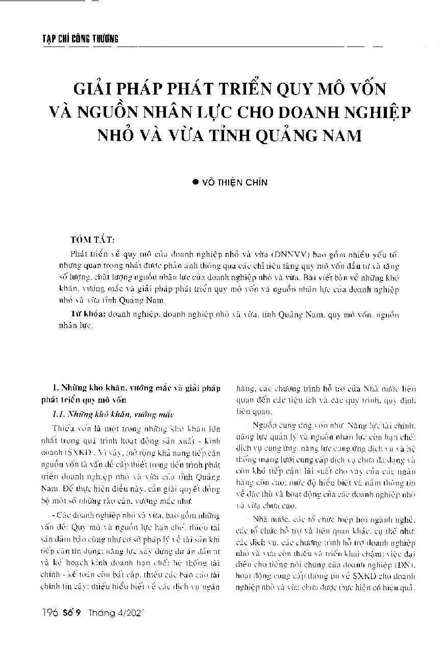 Giải pháp phát triển quy mô vốn và nguồn nhân lực cho doanh nghiệp nhỏ và vừa tỉnh Quảng Nam