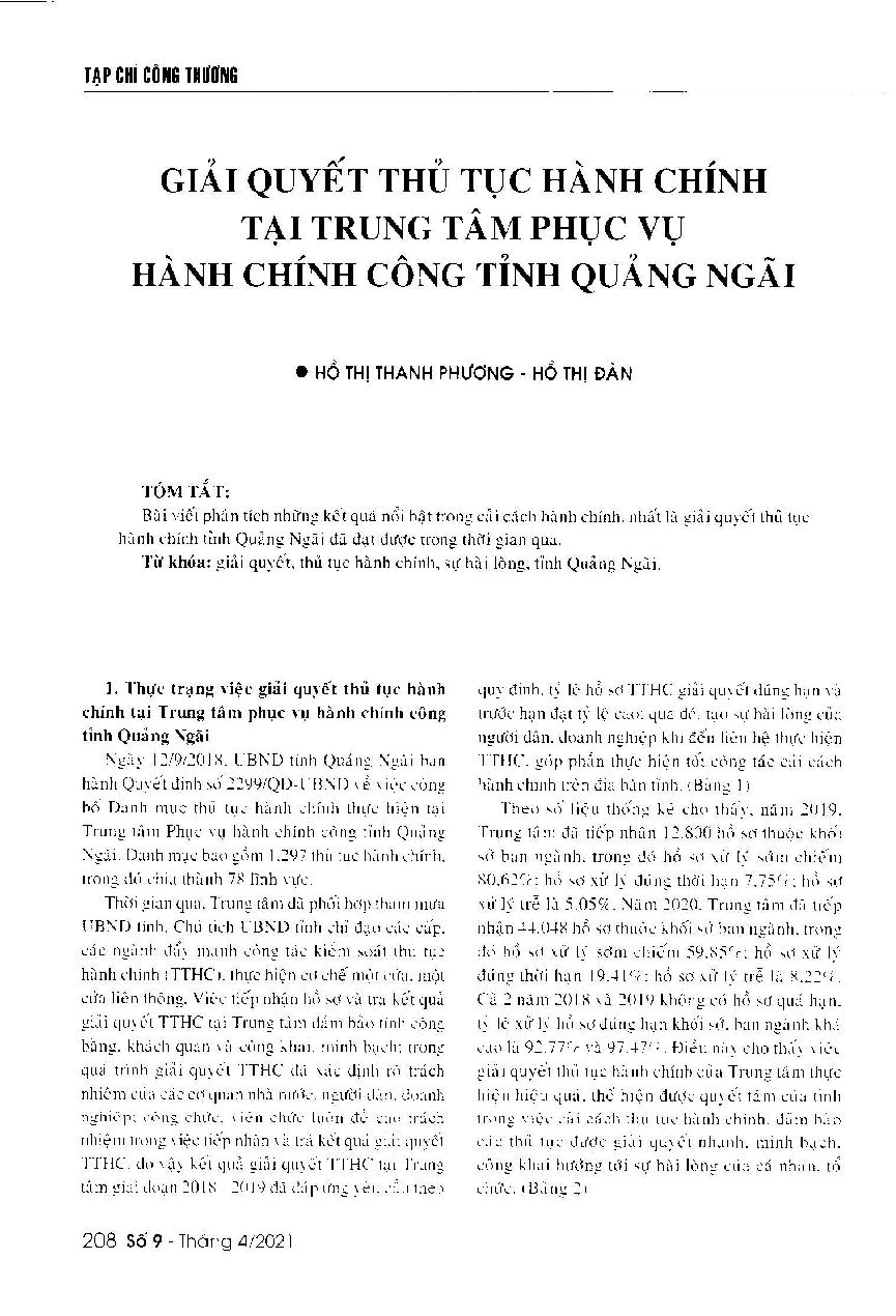 Giải quyết thủ tục hành chính tại trung tâm phục vụ hành chính công tỉnh Quảng Ngãi