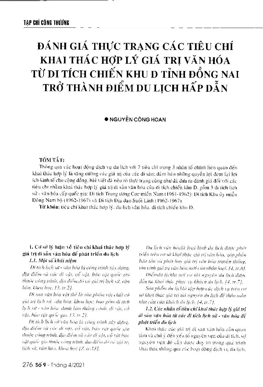 Đánh giá thực trạng các tiêu chí khai thác hợp lý giá trị văn hóa từ Di tích Chiến khu D tỉnh Đồng Nai trở thành điểm du lịch hấp dẫn