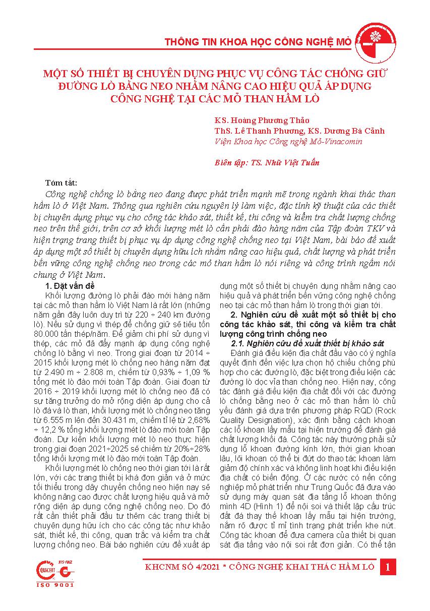 Một số thiết bị chuyên dụng phục vụ công tác chống giữ đường lò bằng neo nhằm nâng cao hiệu quả áp dụng công nghệ tại các mỏ than hầm lò