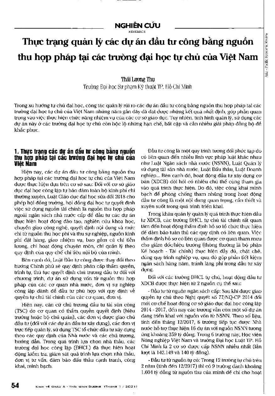 Thực trạng quản lý các dự án đầu tư công bằng nguồn thu hợp pháp tại các trường đại học tự chủ của Việt Nam