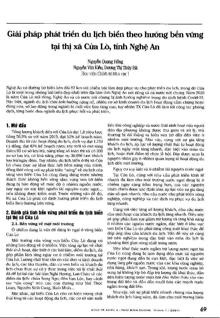 Giải pháp phát triển du lịch biển theo hướng bền vững tại thị xã Cửa Lò, tỉnh Nghệ An