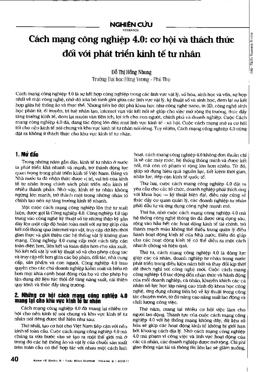Cách mạng công nghiệp 4.0: cơ hội và thách thức đối với phát triển kinh tế tư nhân