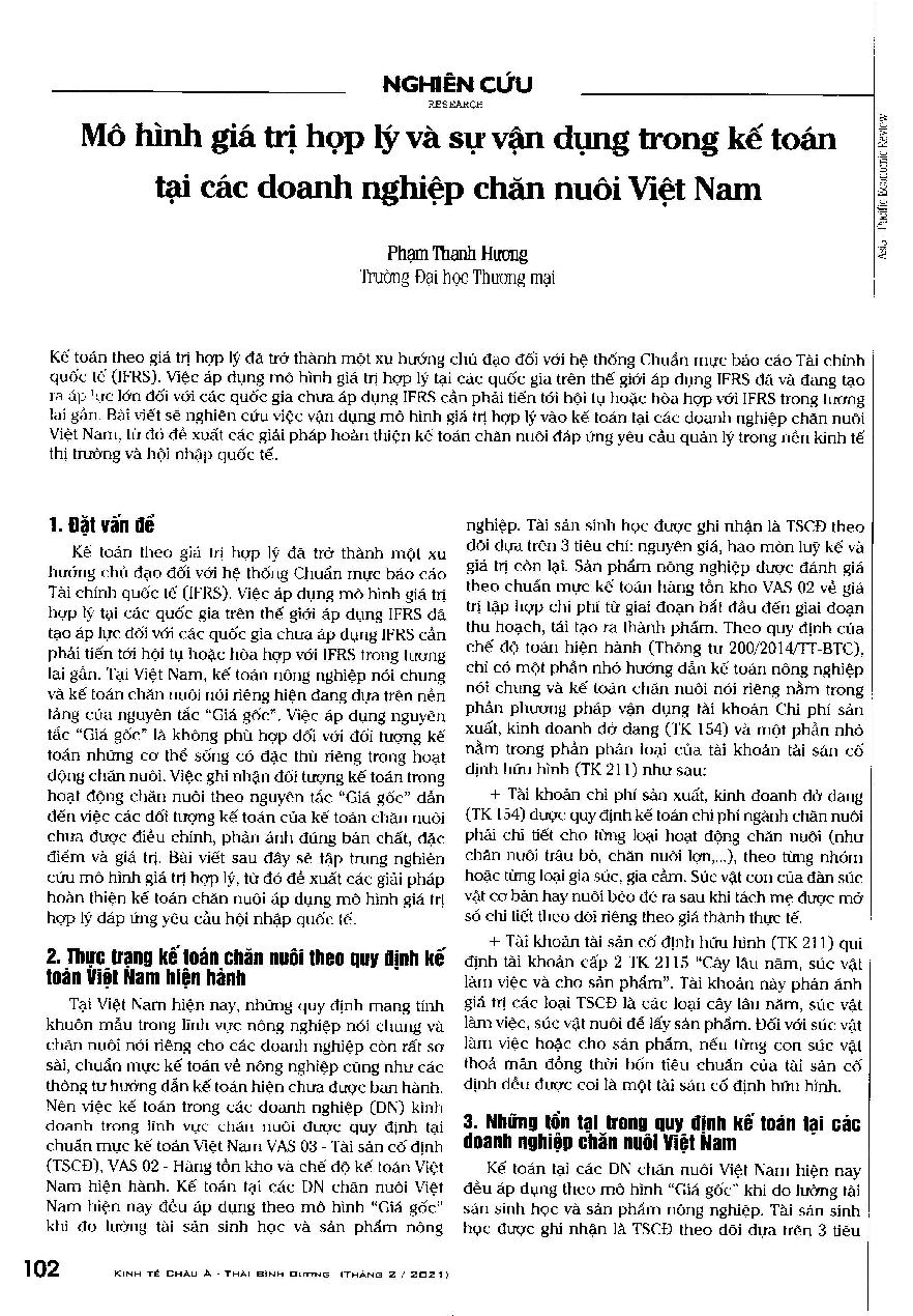 Mô hình giá trị hợp lý và sự vận dụng trong kế toán tại các doanh nghiệp chăn nuôi Việt Nam