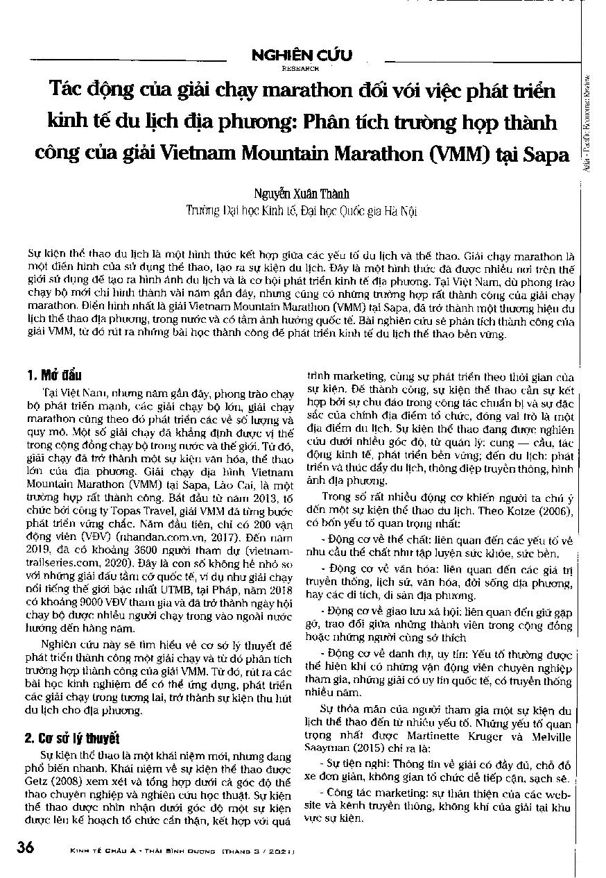 Tác động của giải chạy marathon đối với việc phát triển kinh tế du lịch địa phương: Phân tích trường hợp thành công của giải Vietnam Mountain Marathon (VMM) tại Sapa