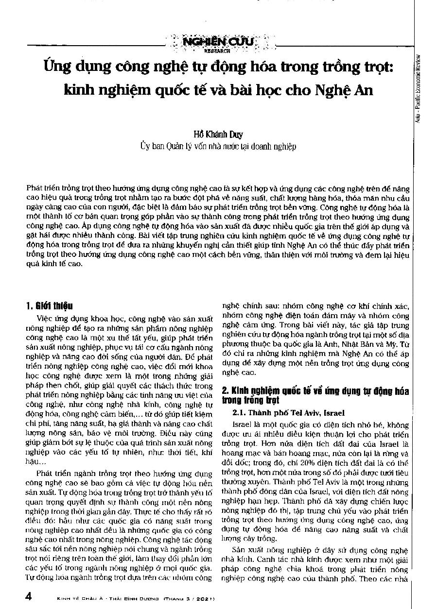 Ứng dụng công nghệ tự động hóa trong trồng trọt: kinh nghiệm quốc tế và bài học cho Nghệ An