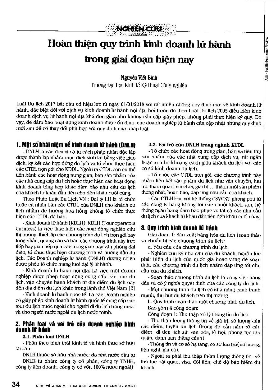 Hoàn thiện quy trình kinh doanh lữ hành trong giai đoạn hiện nay