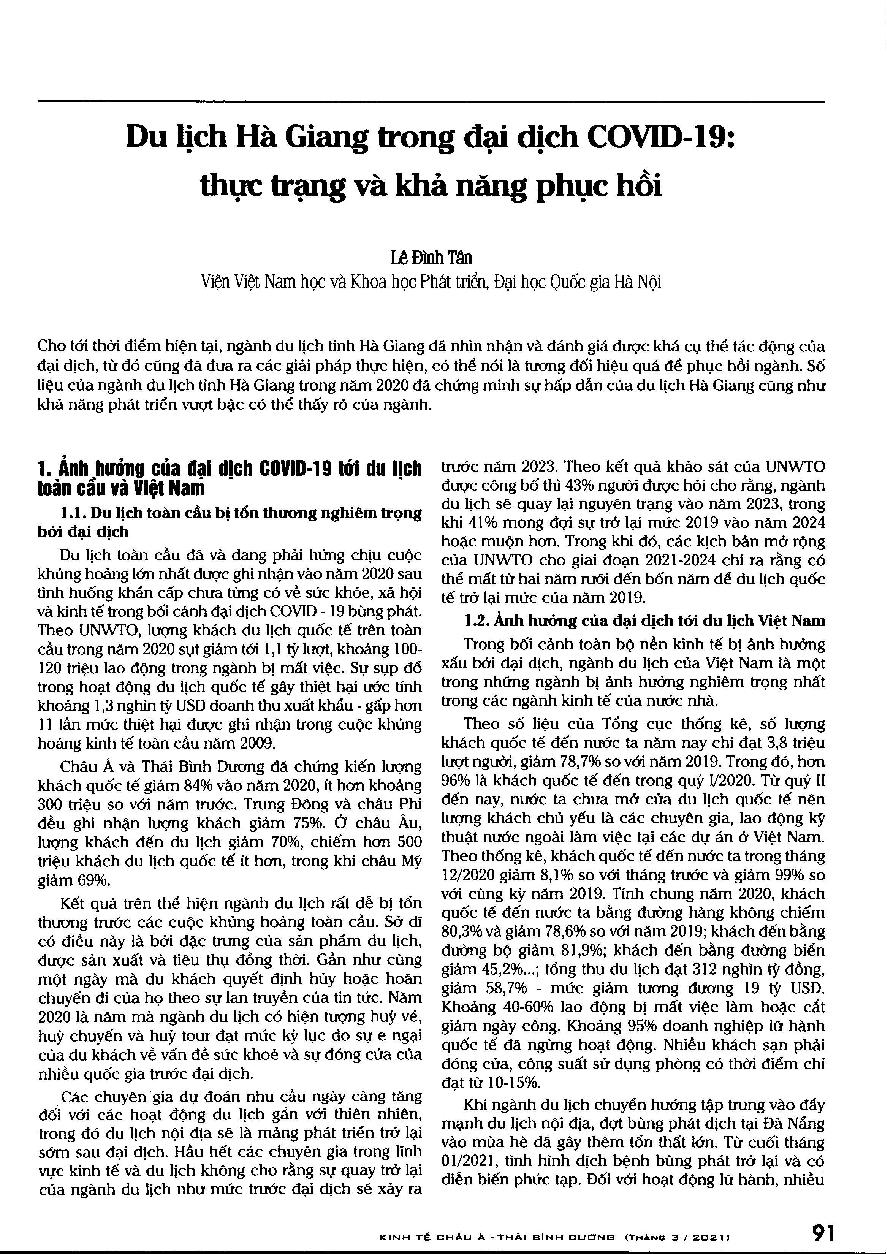 Du lịch Hà Giang trong đại dịch COVID-19: thực trạng và khả năng phục hồi