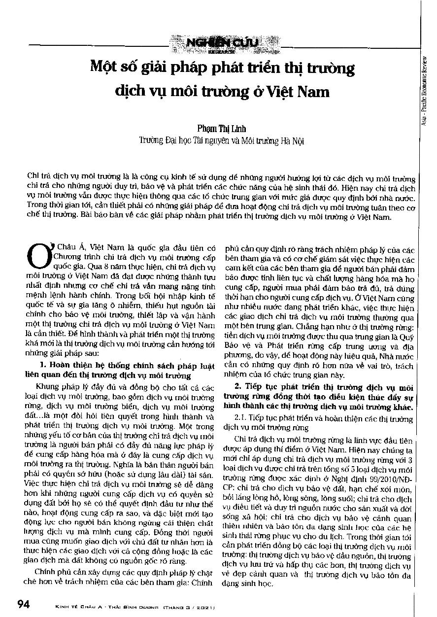 Một số giải pháp phát triển thị trường dịch vụ môi trường ở Việt Nam