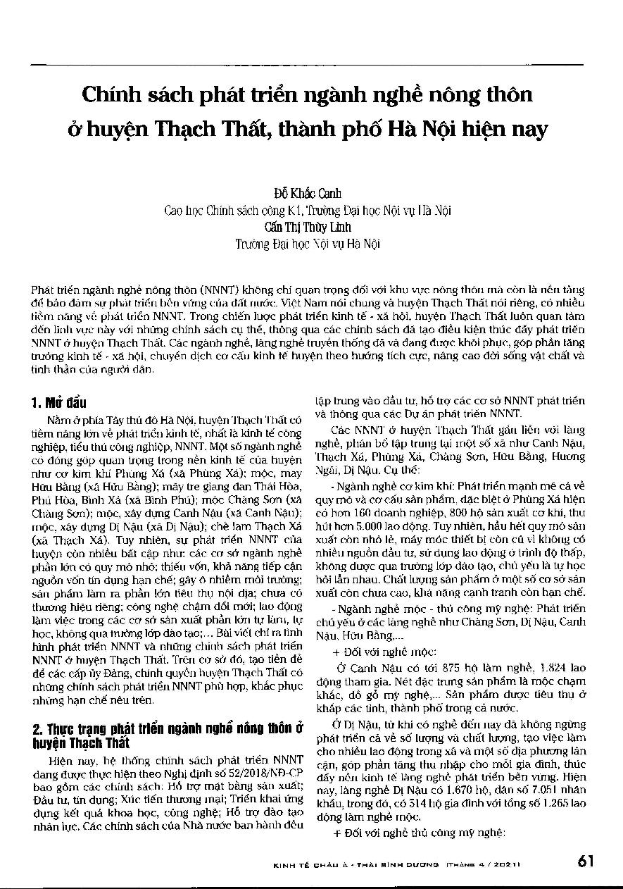 Chính sách phát triển ngành nghề nông thôn ở huyện Thạch Thất, thành phố Hà Nội hiện nay