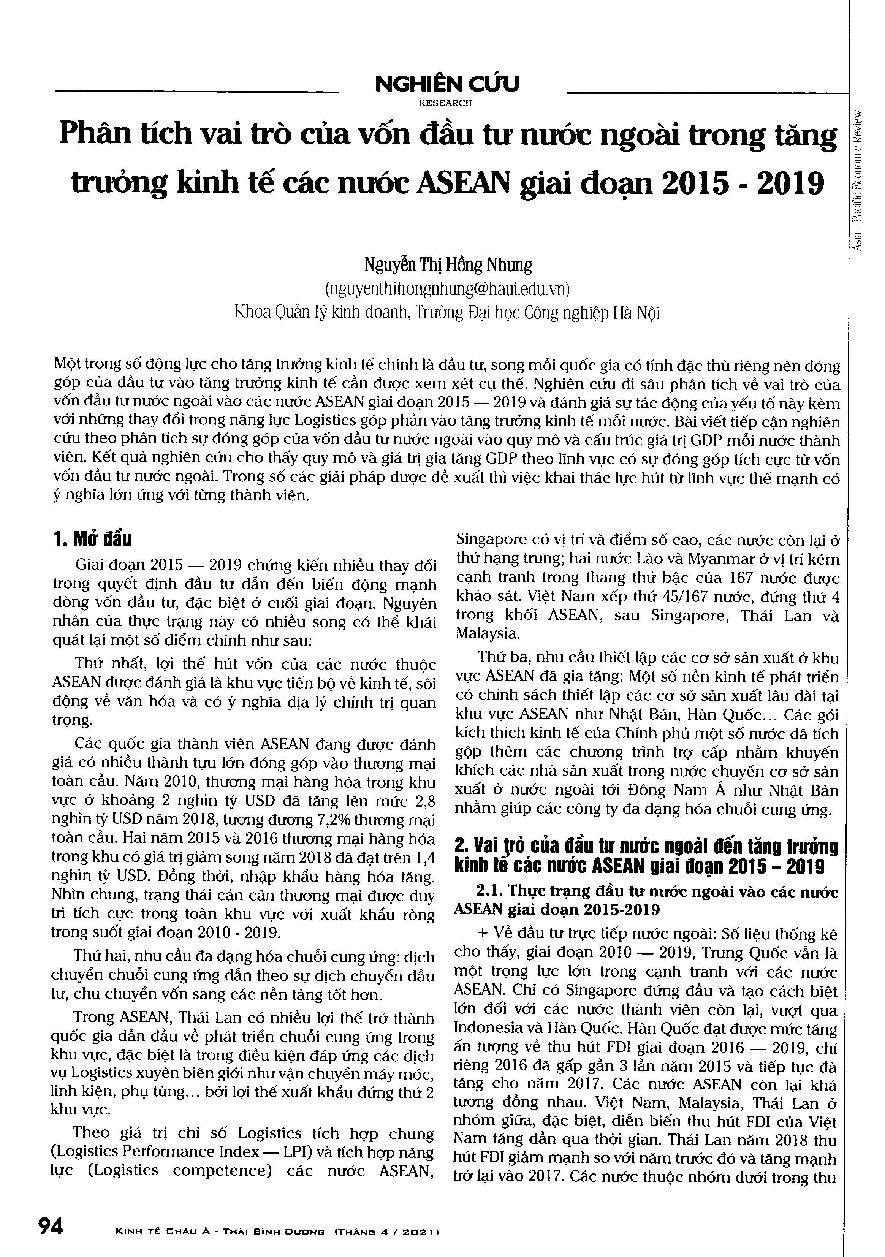 Phân tích vai trò của vốn đầu tư nước ngoài trong tăng trưởng kinh tế các nước ASEAN giai đoạn 2015 - 2019