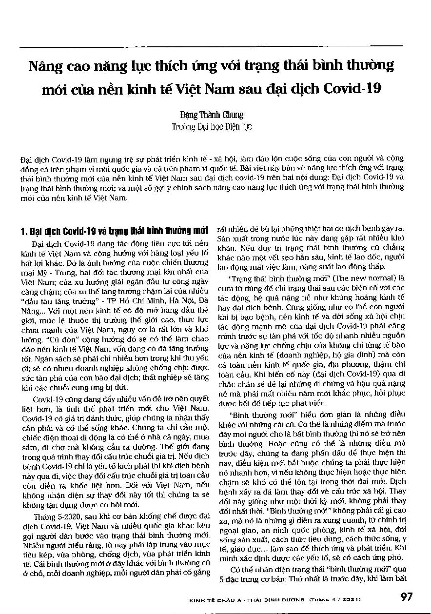 Nâng cao năng lực thích ứng với trạng thái bình thường mới của nền kinh tế Việt Nam sau đại dịch Covid-19
