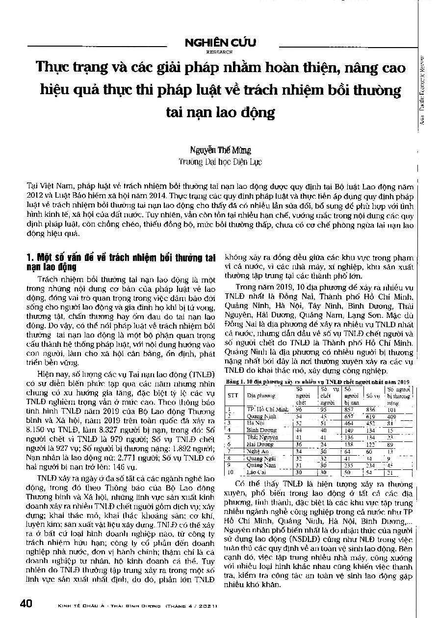 Thực trạng và các giải pháp nhằm hoàn thiện, nâng cao hiệu quả thực thi pháp luật về trách nhiệm bồi thường tai nạn lao động