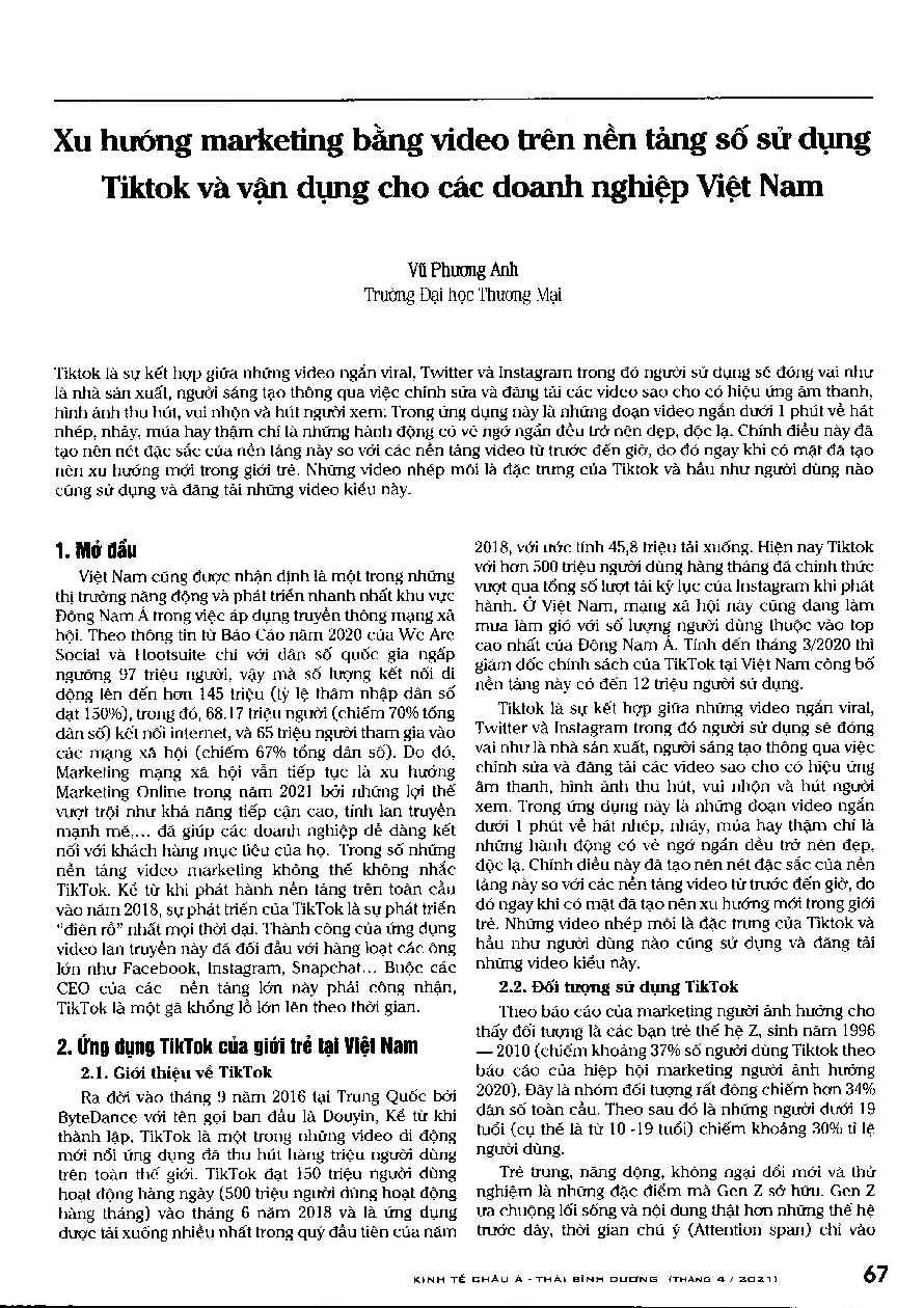 Xu hướng marketing bằng video trên nền tảng số sử dụng Tiktok và vận dụng cho các doanh nghiệp Việt Nam