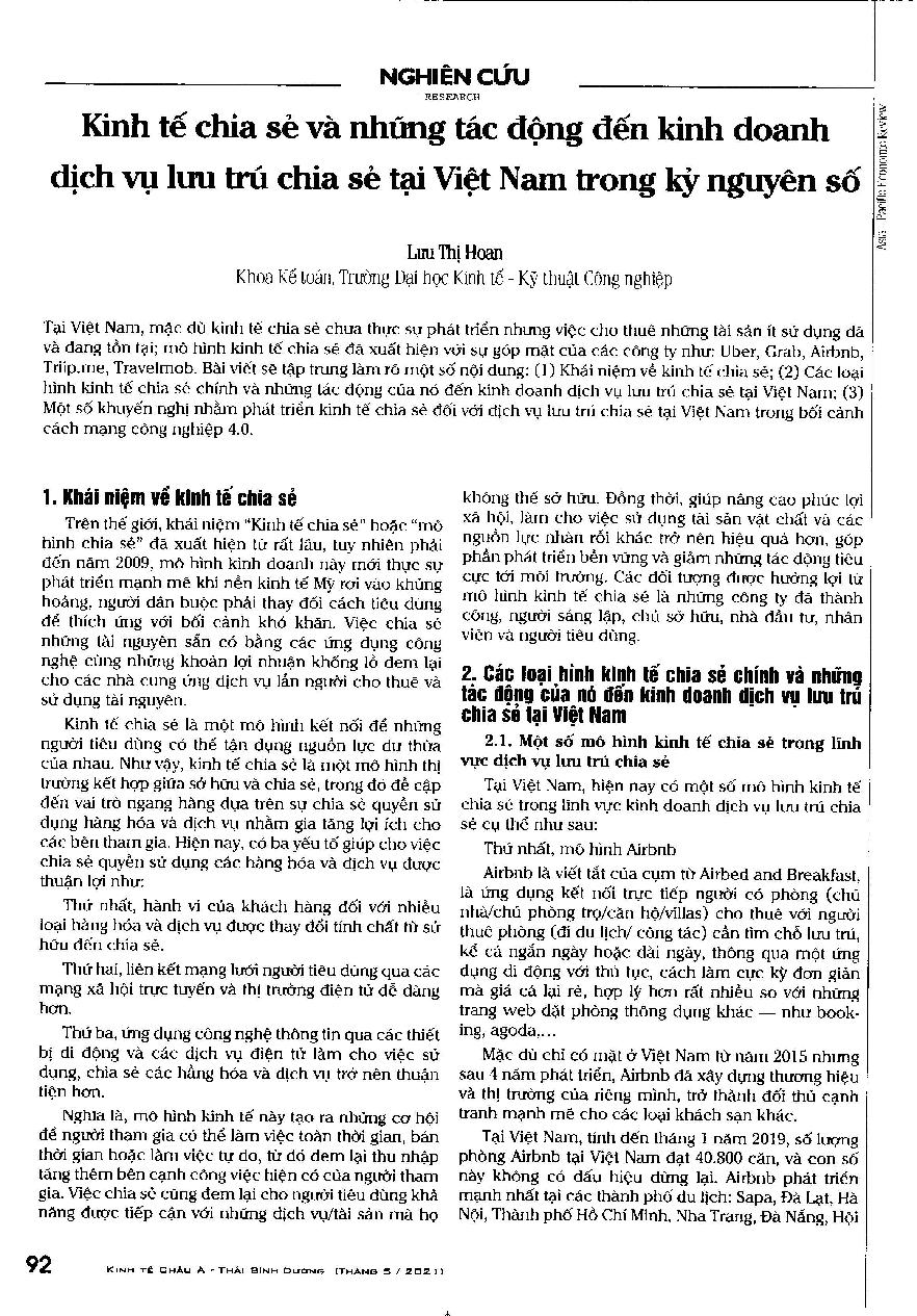 Kinh tế chia sẻ và những tác động đến kinh doanh dịch vụ lưu trú chia sẻ tại Việt Nam trong kỷ nguyên số